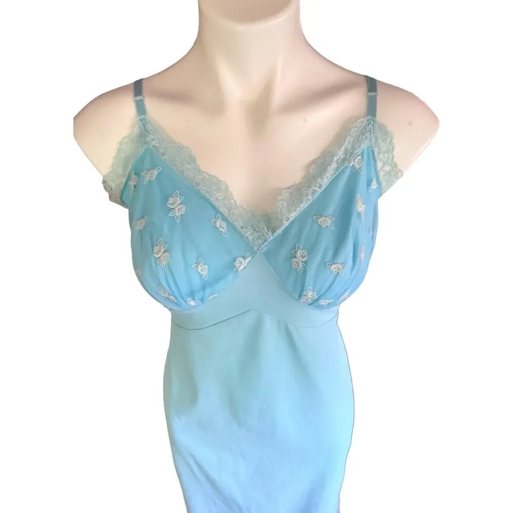 Vintage 1960s Rogers Baby Blue Nylon Tricot Full Slip Embroidered Lace Bodice 40